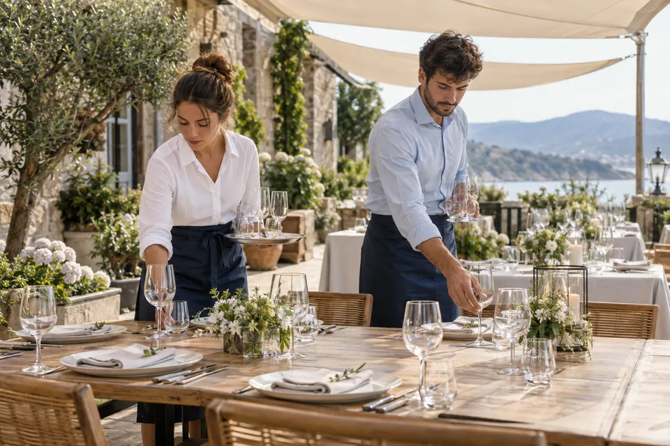 Dos profesionales preparan las mesas para un evento en una terraza.