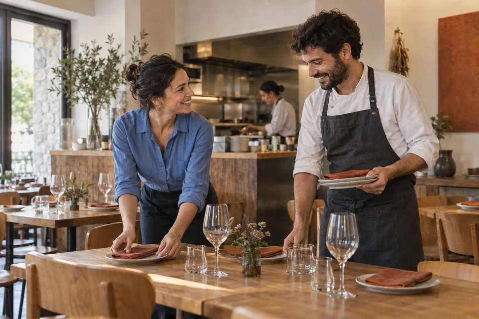 Un equipo de restaurante prepara la sala antes del servicio.